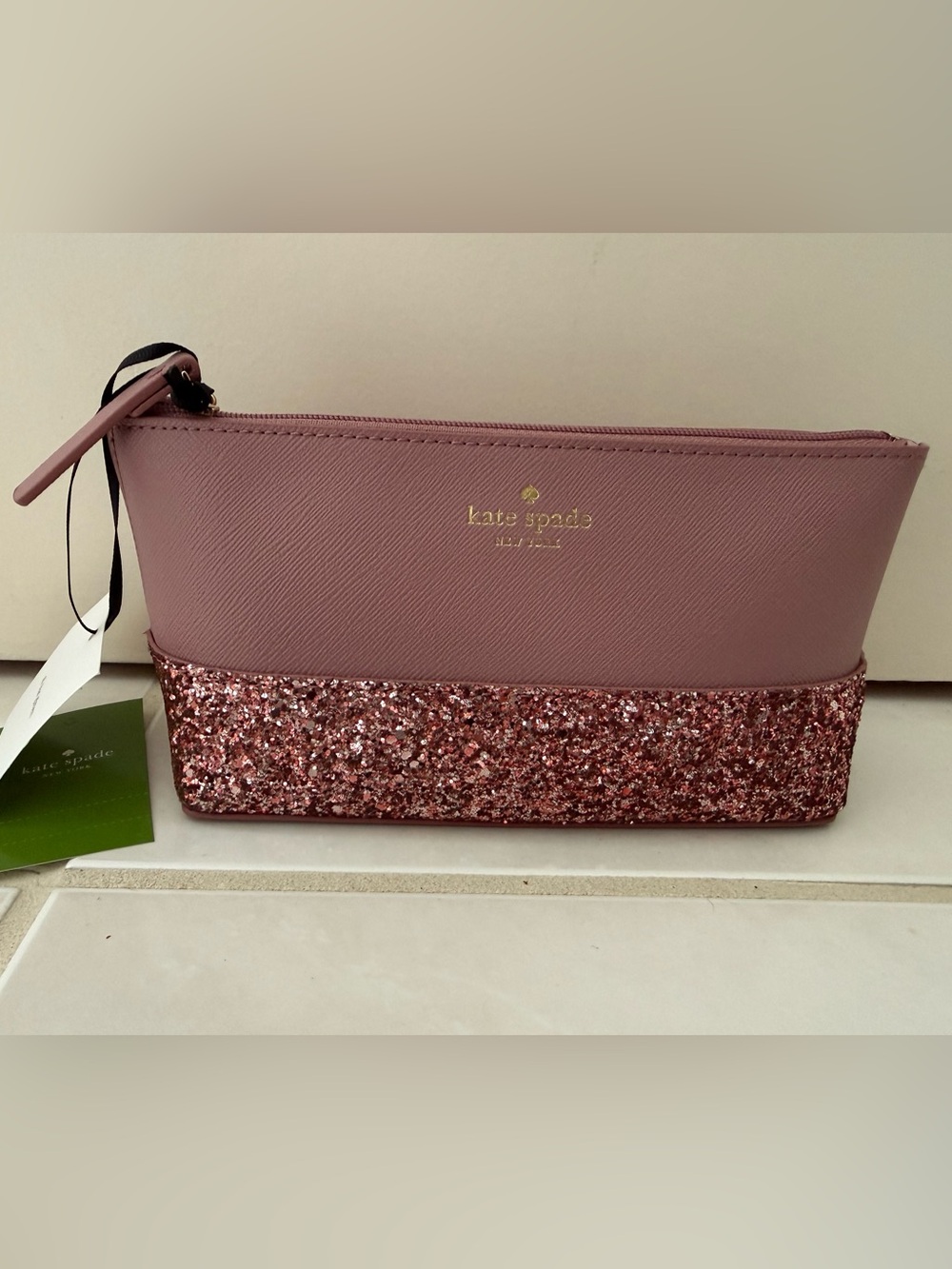 Kate Spade New York Dusty Peony Glitter Dip Cosmetic Bag NWT
